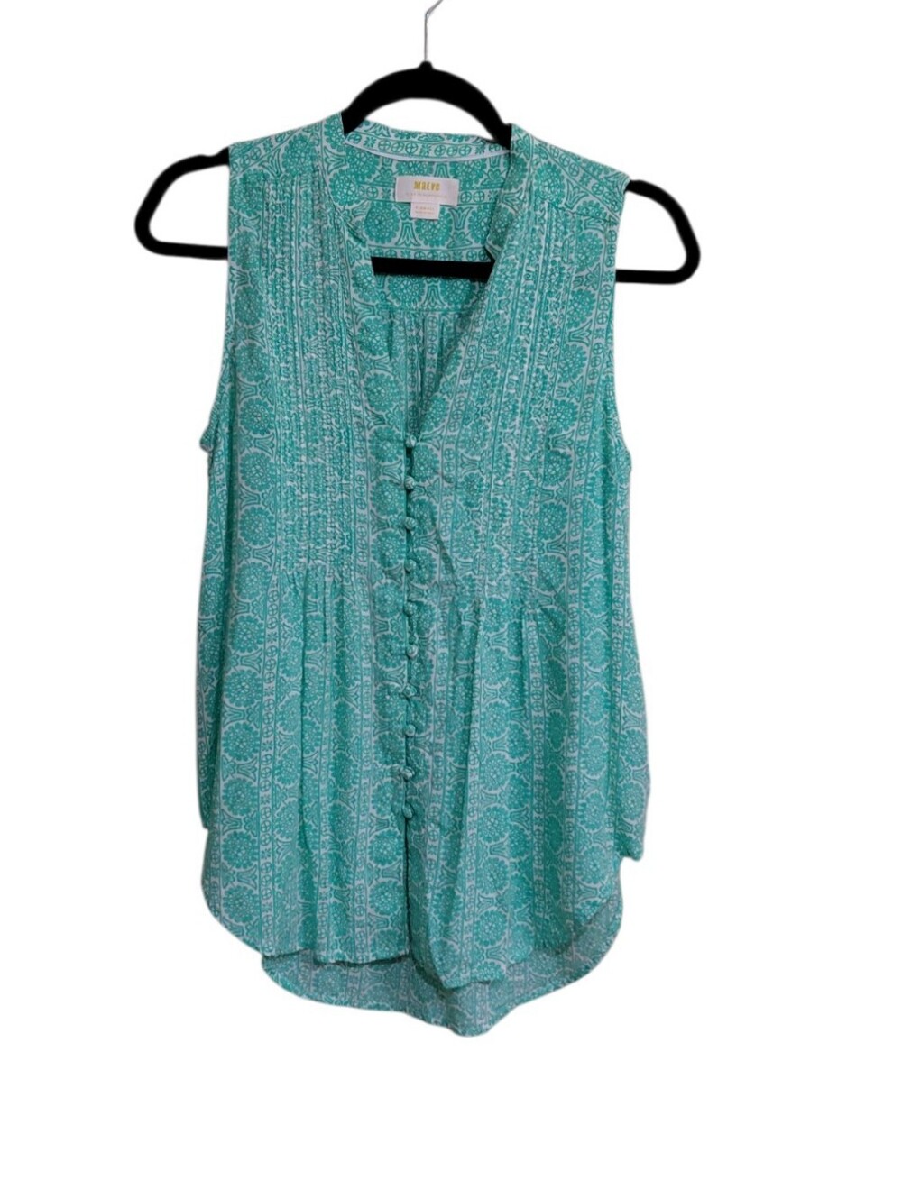 Maeve Teal Paisley Ruffle-Front Sleeveless Blouse